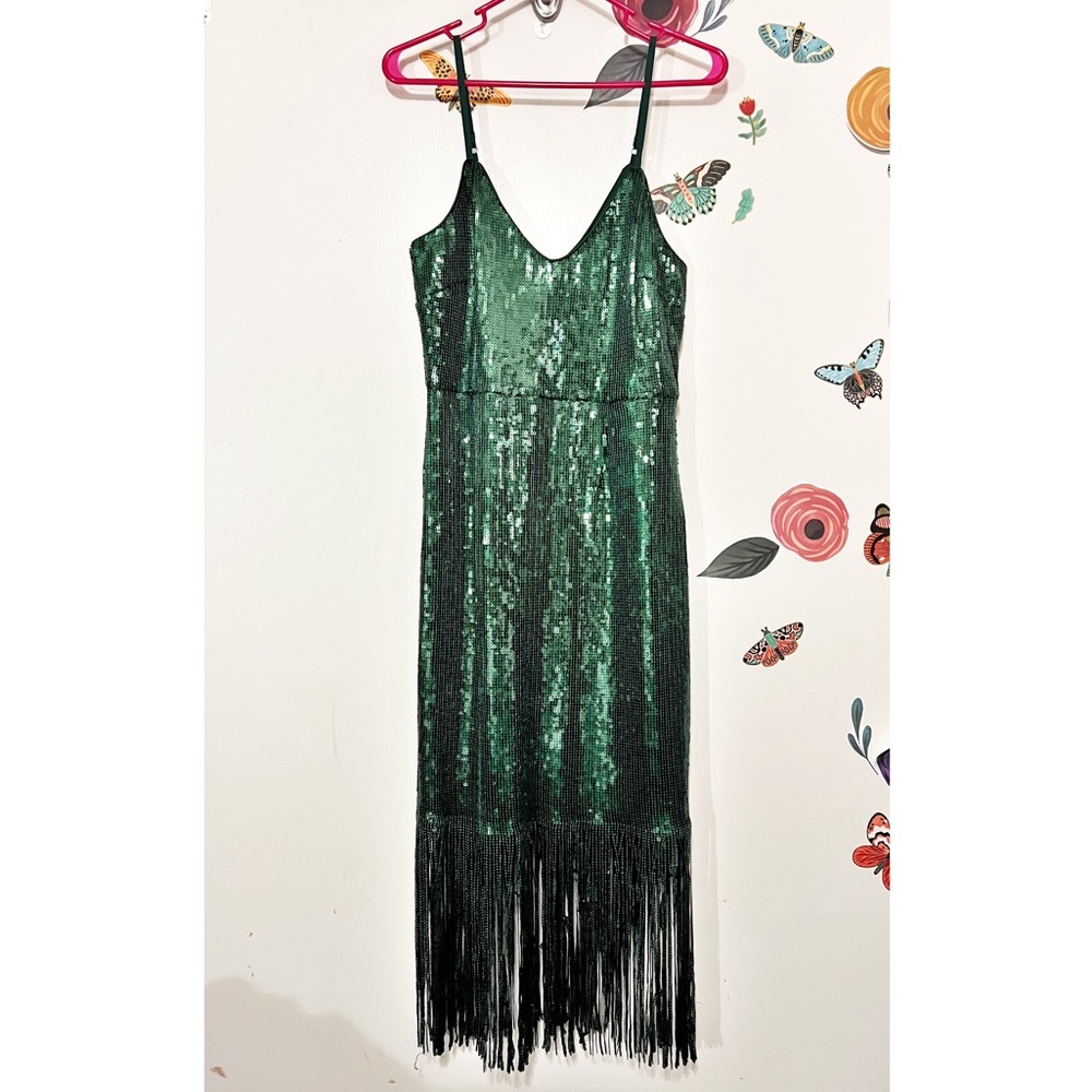 Lulus Green Sequin Fringe Dress L - Picture 3 of 11